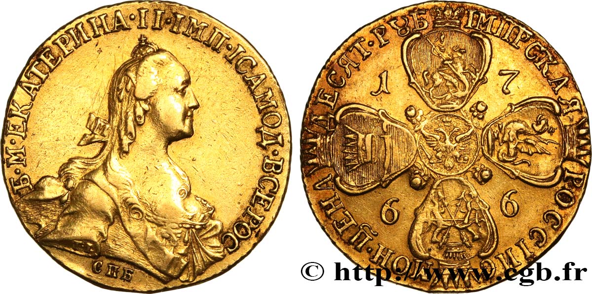 RUSSIE - CATHERINE II 10 Roubles 1766 Saint-Petersbourg TB+ 