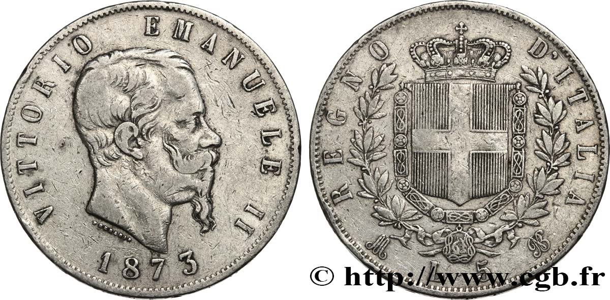 ITALIE 5 Lire Victor Emmanuel II 1873 Milan TB+ 