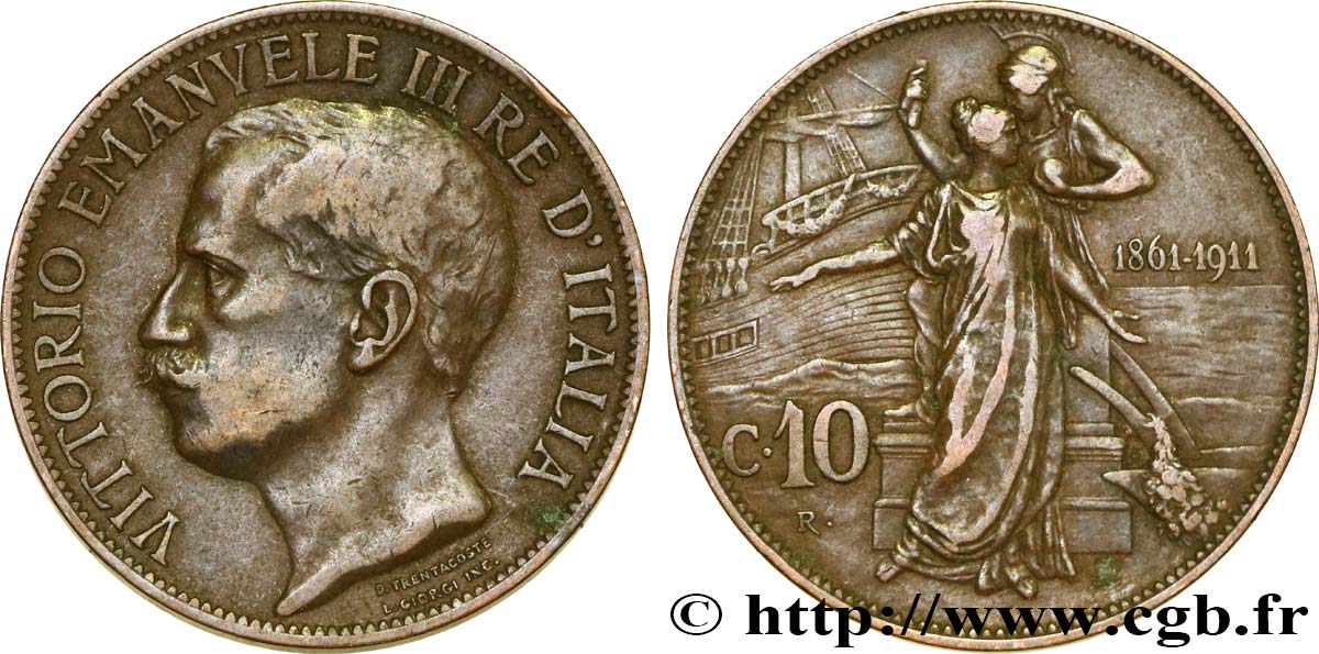 ITALIE 10 Centesimi Victor Emmanuel III - 50e anniversaire de l’Unité Italienne 1911 Rome TB+ 