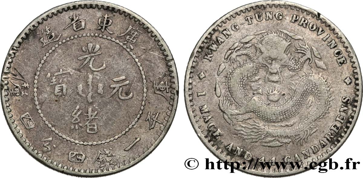 CHINA 20 Cents province de Guangdong - Dragon 1890-1908 Guangzhou (Canton) VF 