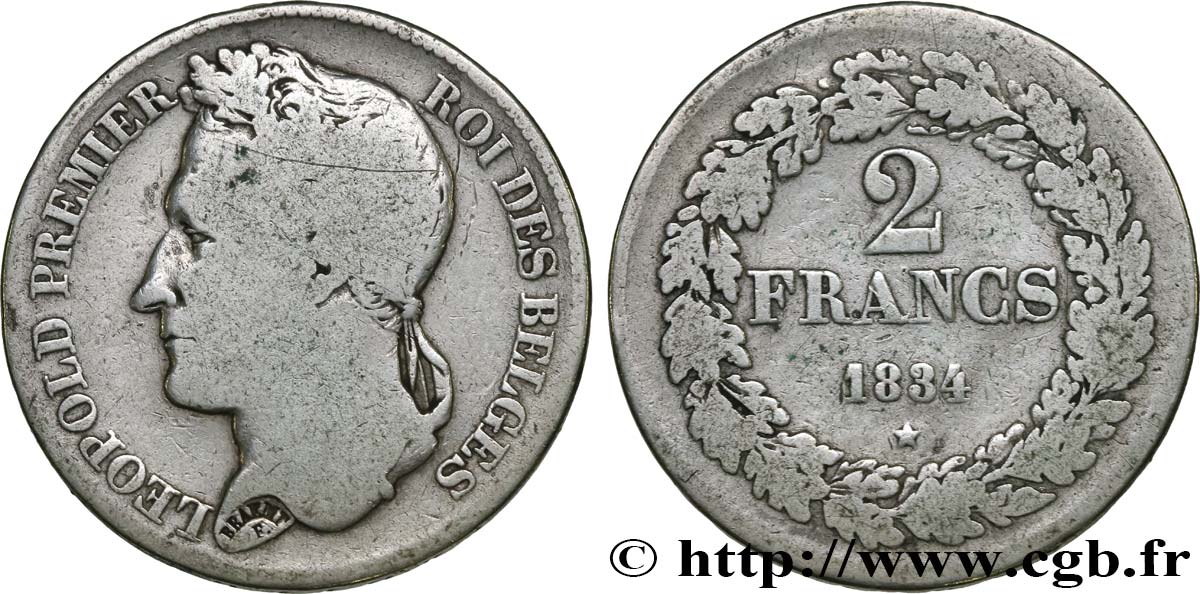 BÉLGICA 2 Francs Léopold Ier tête laurée 1834  RC+ 