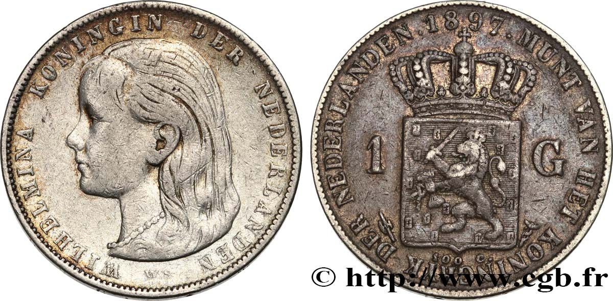 NETHERLANDS 1 Gulden Wilhelmina 1897  VF 