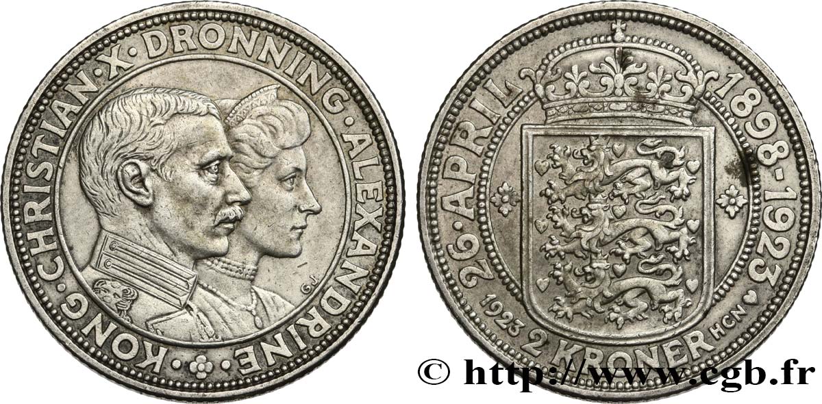 DANEMARK 2 Kroner Noces d’argent du couple royale 1923 Copenhague TTB 