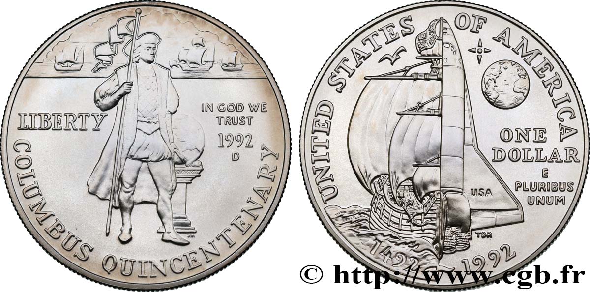 UNITED STATES OF AMERICA 1 Dollar Proof 500e anniversaire de la découverte de l’Amérique par Christophe Colomb 1992 Denver MS 