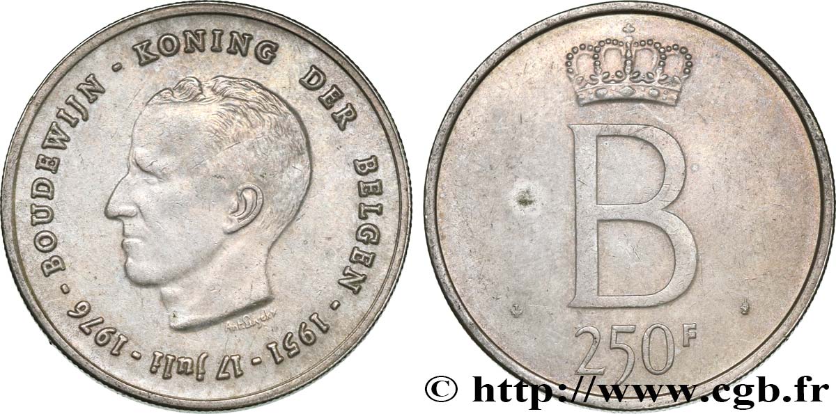 BELGIQUE 250 Francs jubilé d’argent du roi Baudouin légende flamande 1976 Bruxelles SUP 