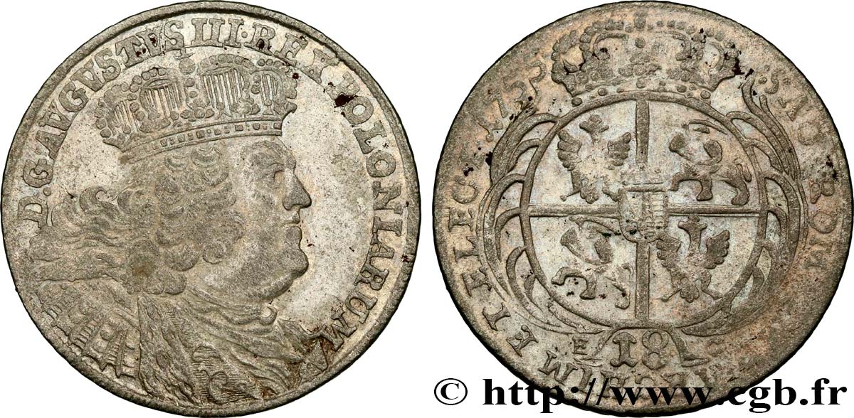 POLONIA 18 Groschen Auguste III 1755 Leipzig BC+ 