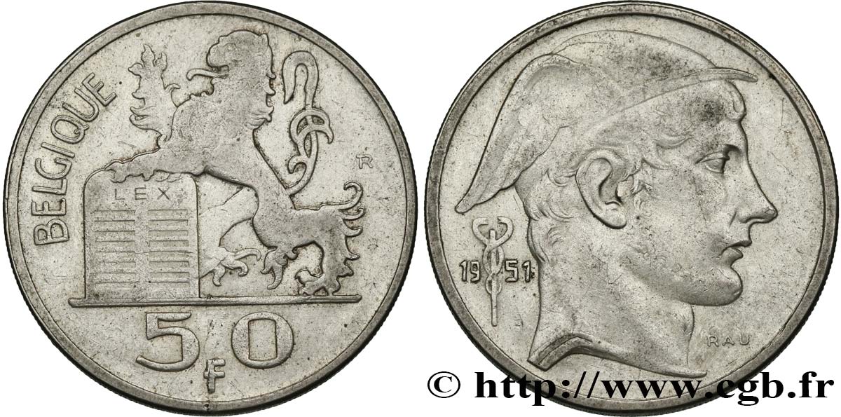 BELGIQUE 50 Francs Mercure Légende française 1951  TTB 