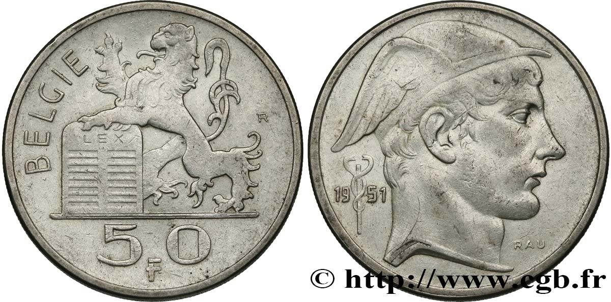 BELGIUM 50 Francs Mercure légende flamande 1951  XF 