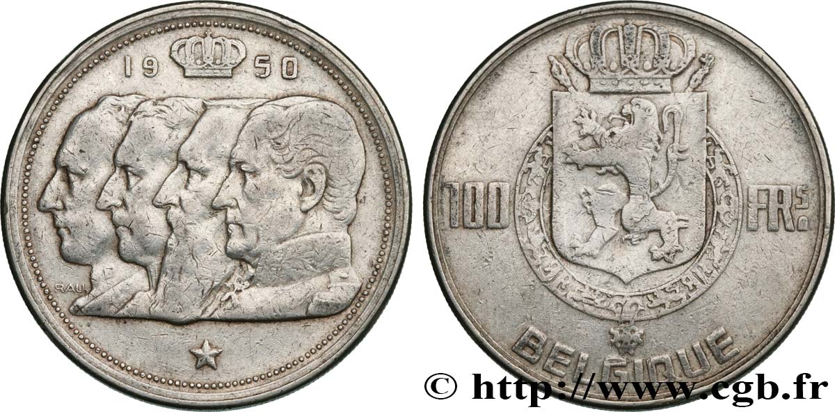 BELGIQUE 100 Francs portraits des quatre rois de Belgique, légende française 1950  TTB 