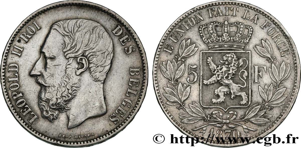 BELGIUM 5 Francs Léopold II 1870  VF 