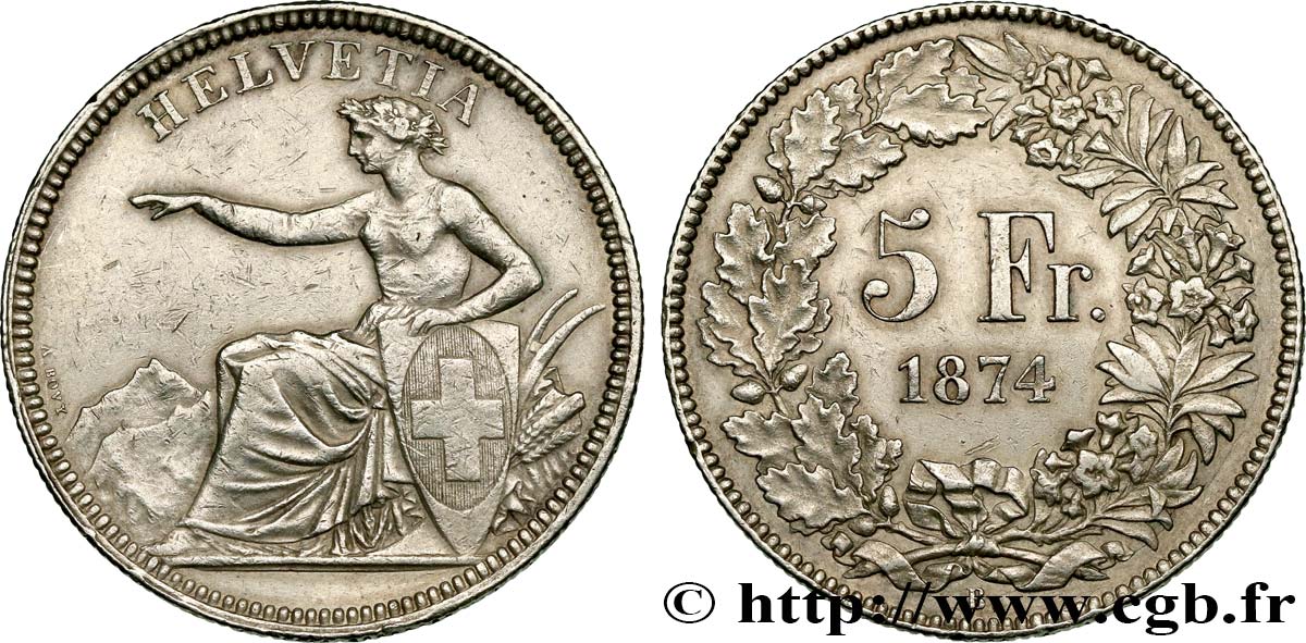 SWITZERLAND 5 Francs Helvetia assise 1874 Bruxelles XF/AU 