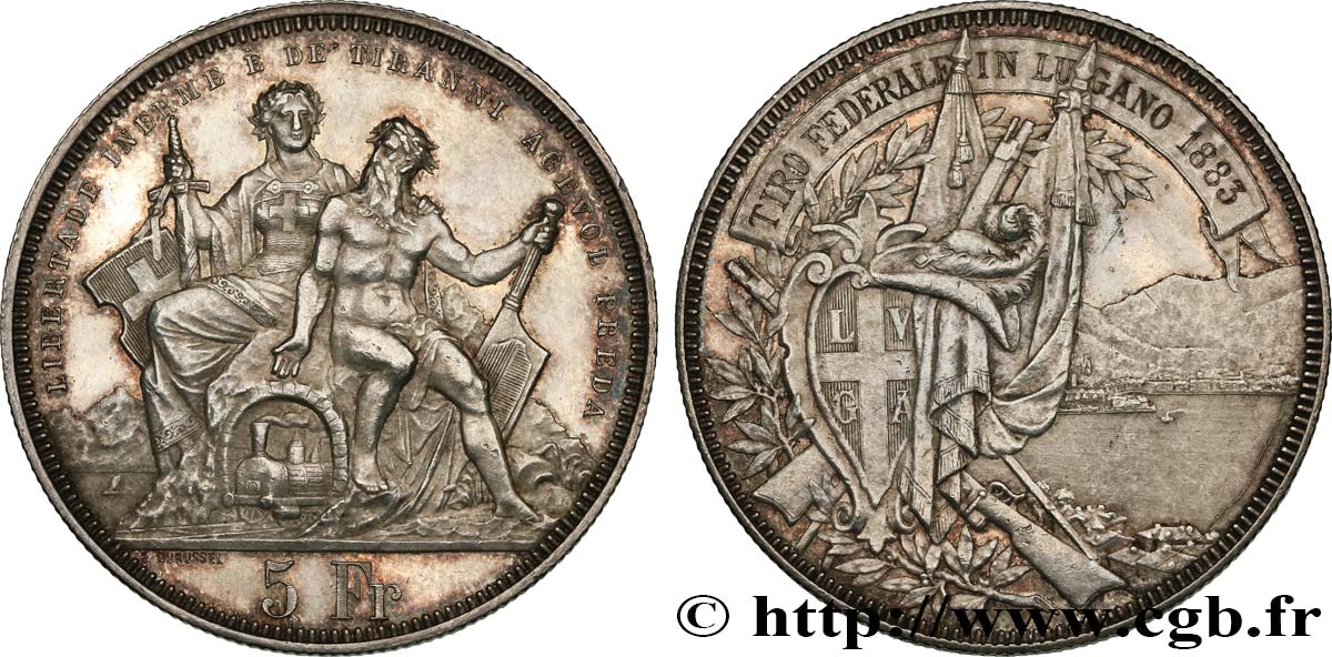 SUISSE 5 Francs, concours de Tir de Lugano 1883  SUP 