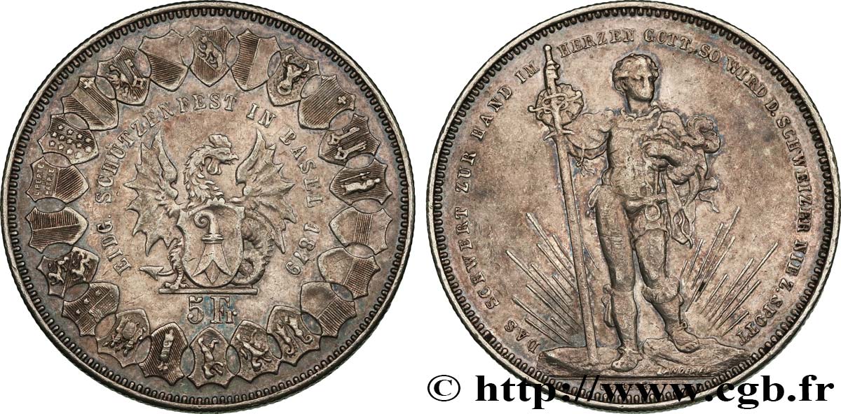SWITZERLAND 5 Francs, monnaie de Tir, Bâle 1879  XF 