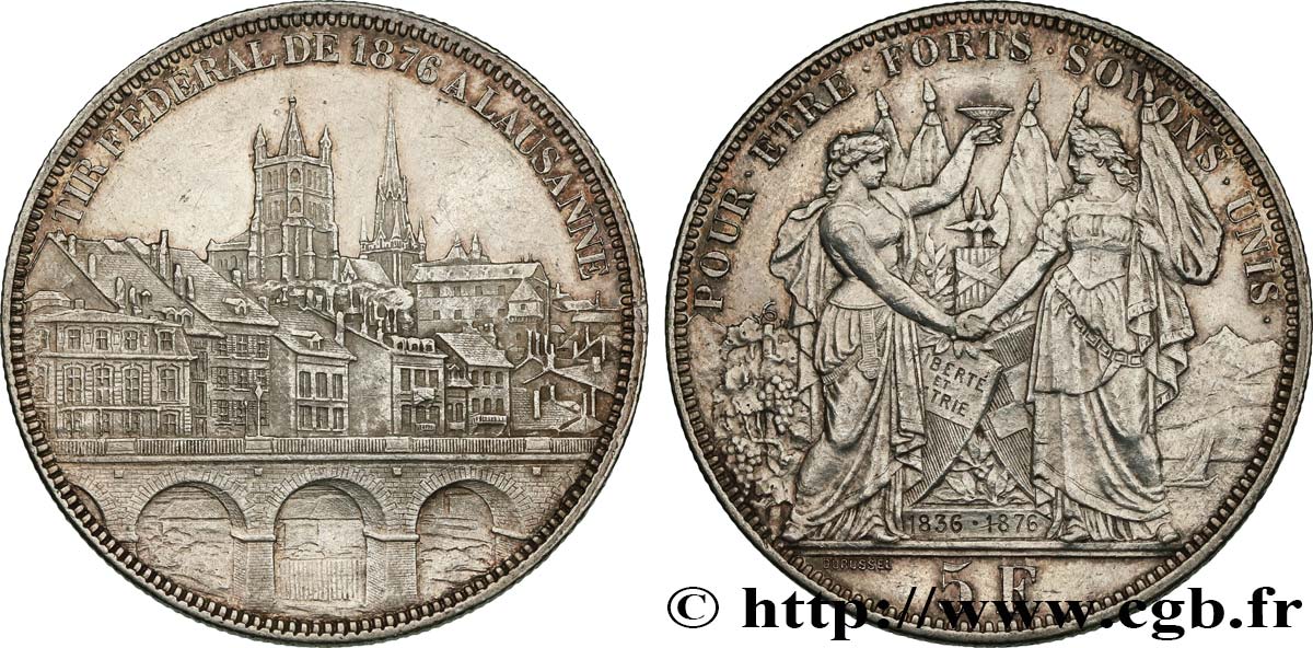 SWITZERLAND 5 Francs, monnaie de Tir, Lausanne 1876  AU/AU 