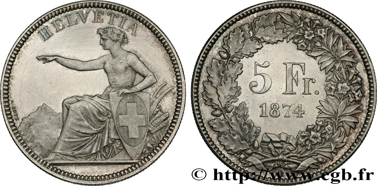 SUISSE - CONFÉDÉRATION HELVÉTIQUE 5 Francs Helvetia 1874 Bruxelles SUP/SPL 