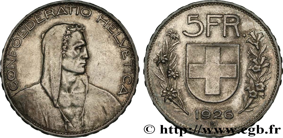 SWITZERLAND 5 Francs Helvetia 1926 Berne AU 