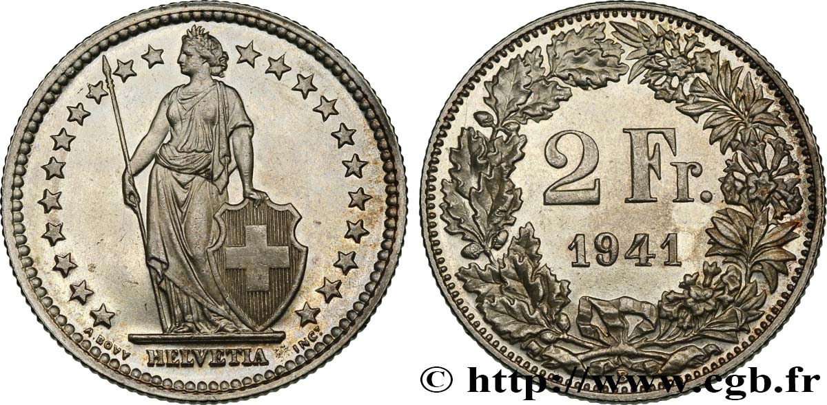 SWITZERLAND 2 Francs Helvetia 1941 Berne MS 