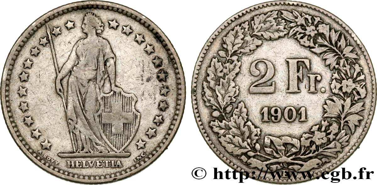 SWITZERLAND 2 Francs Helvetia 1901 Berne VF 