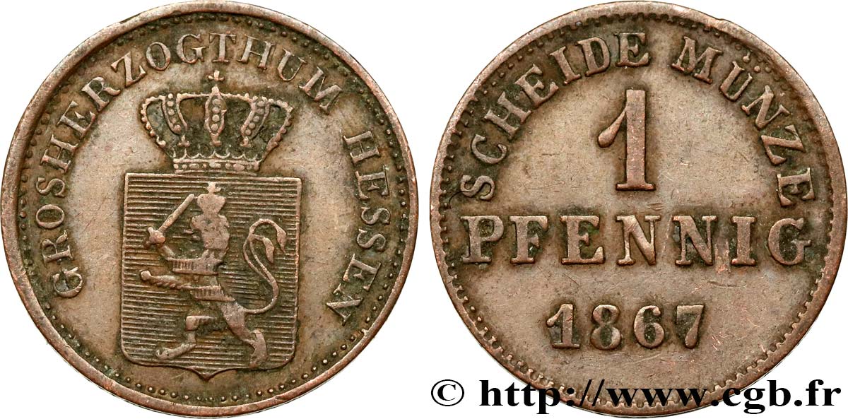 GERMANY - HESSE 1 Pfennig Hesse-Darmstadt 1867  XF 