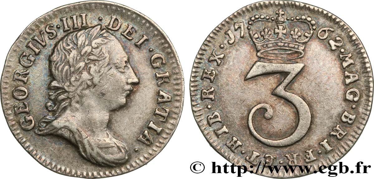REINO UNIDO 3 Pence Georges III 1762  MBC+ 