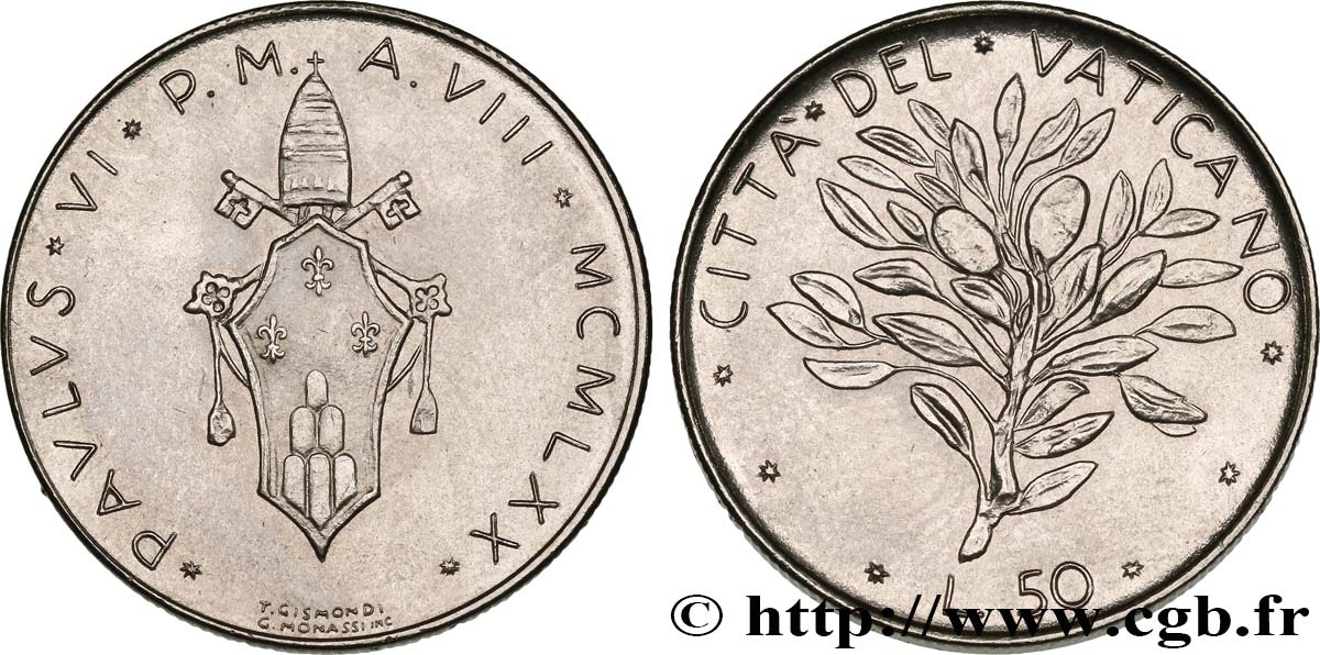 VATICAN AND PAPAL STATES 50 Lire armes au nom de Paul VI an VIII / rameau d’olivier 1970 Rome AU 