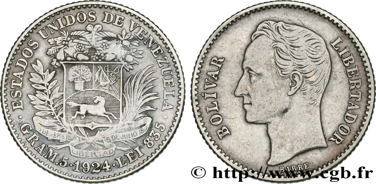 VENEZUELA 1 Bolivar Simon Bolivar 1924 Philadelphie BB 