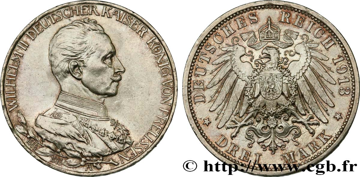 GERMANY - PRUSSIA 3 Mark 25e anniversaire de règne de Guillaume II 1913 Berlin MS 