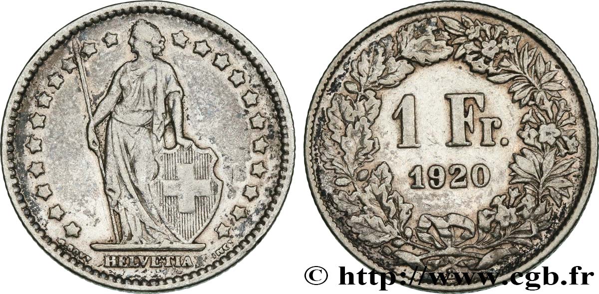 SWITZERLAND 1 Franc Helvetia 1920 Berne - B VF 