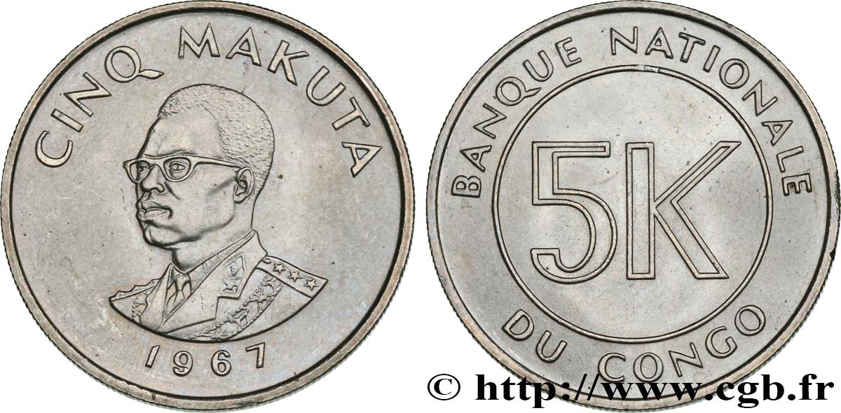 RÉPUBLIQUE DÉMOCRATIQUE DU CONGO 5 Makuta président Mobutu 1967  SPL 