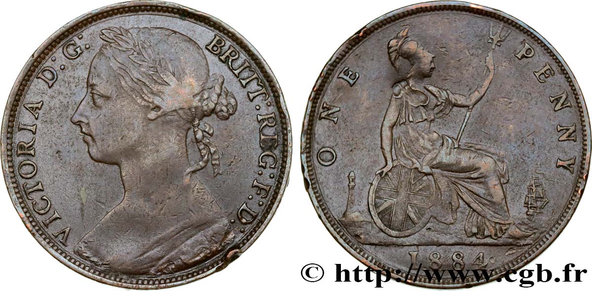 ROYAUME-UNI 1 Penny Victoria “Bun Head” 1884  TB 
