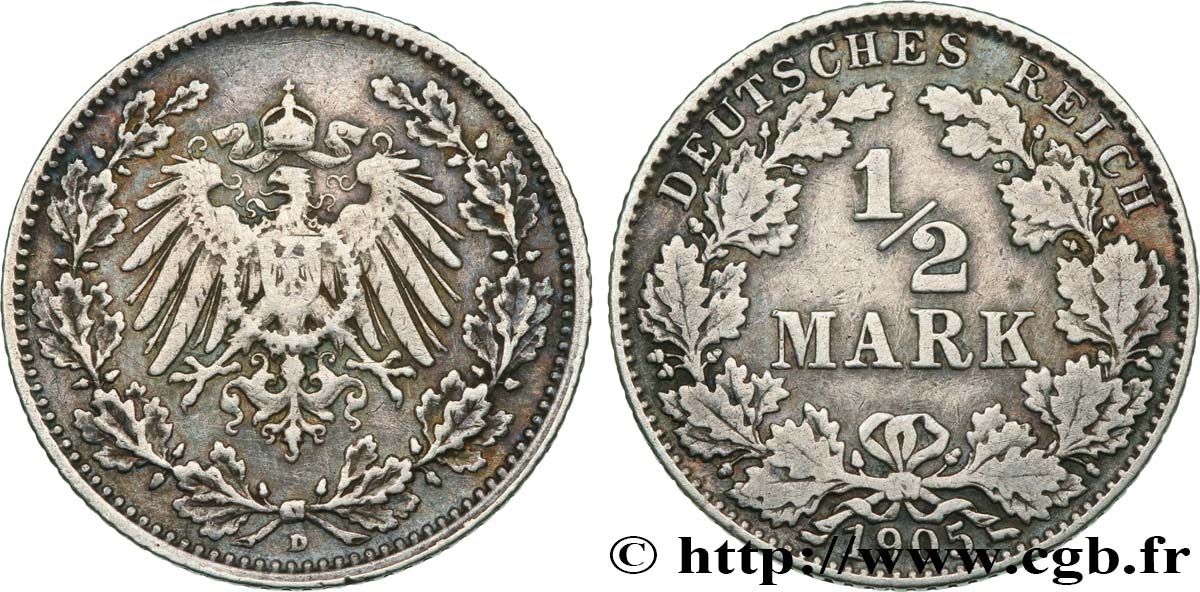 GERMANY 1/2 Mark Empire aigle impérial 1905 Munich - D VF 