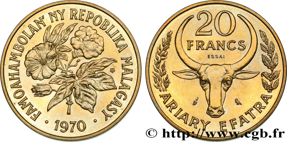 MADAGASCAR Essai de 20 Francs - 4 Ariary 1970 Paris SPL 