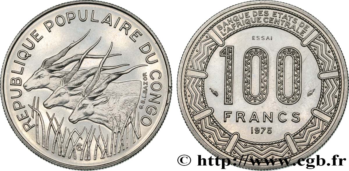 REPUBLIK KONGO Essai de 100 Francs type “BCEAC”, antilopes 1975 Paris VZ 
