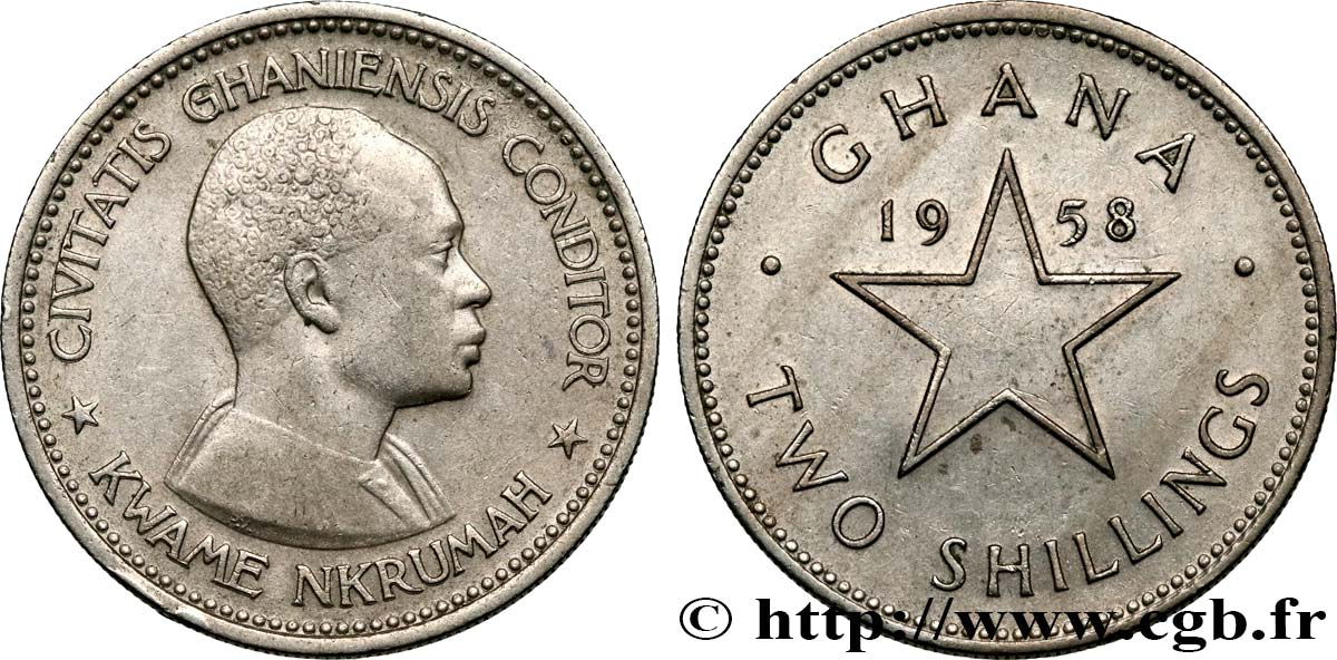 GHANA 2 Shillings Kwame Nkrumah 1958  TTB 