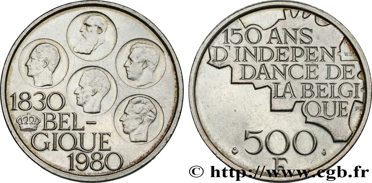 BELGIUM 500 Francs légende française 150e anniversaire de l’indépendance, portrait des 5 rois / carte de Belgique 1980 Bruxelles AU 