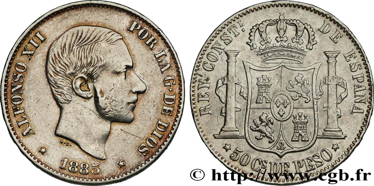 PHILIPPINES 50 Centimos de Peso Alphonse XII 1885 Manille TTB/TTB+ 