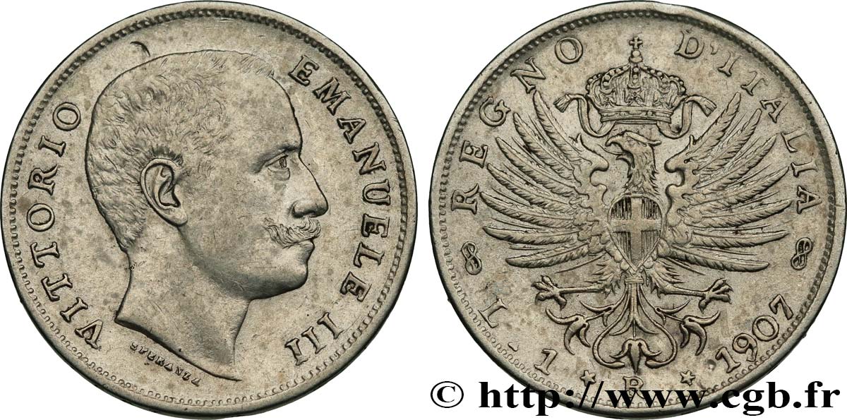 ITALIEN 1 Lire Victor Emmanuel III 1907 Rome SS 