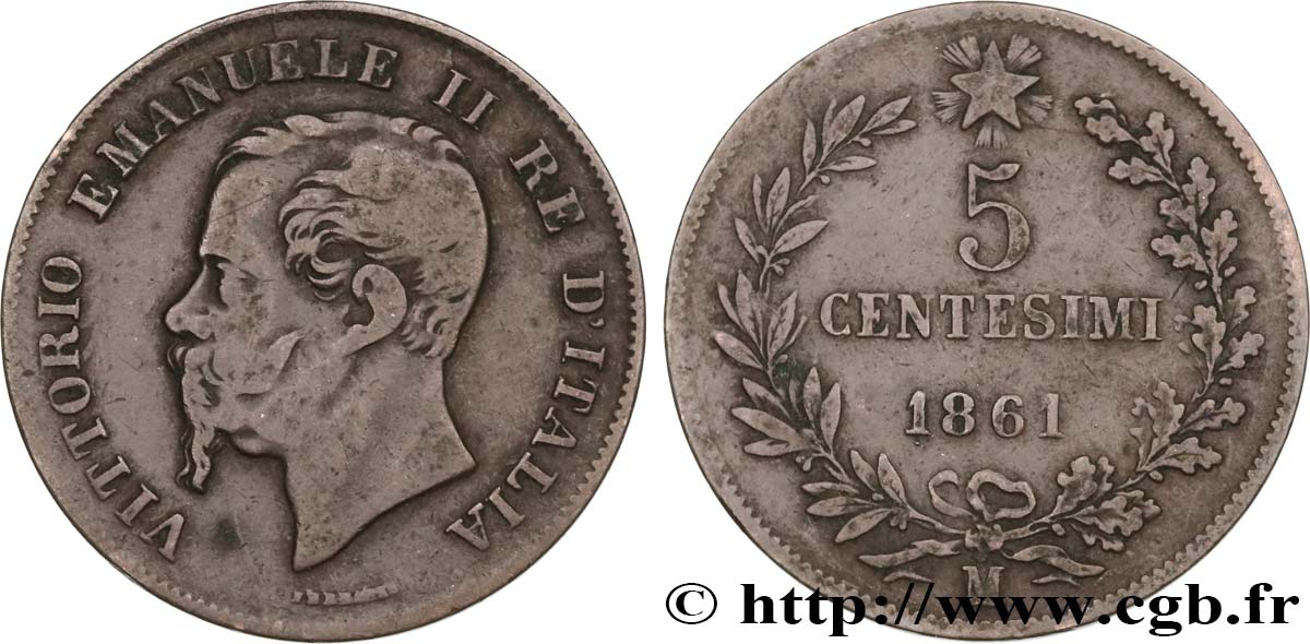 ITALIE 5 Centesimi Victor Emmanuel II 1861 Milan TB 