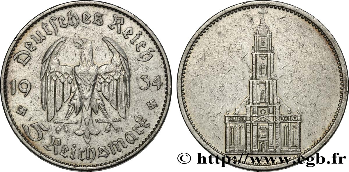 GERMANIA 5 Reichsmark église de la garnison de Potsdam 1934 Stuttgart - F BB 