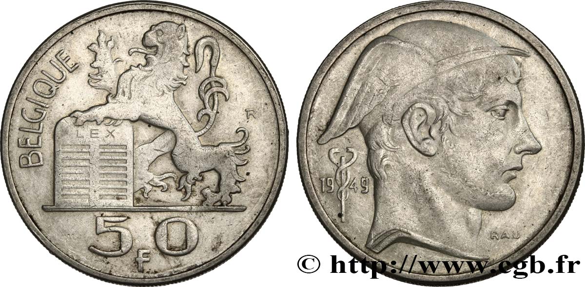 BELGIQUE 50 Francs Mercure, légende française 1949  TTB+ 