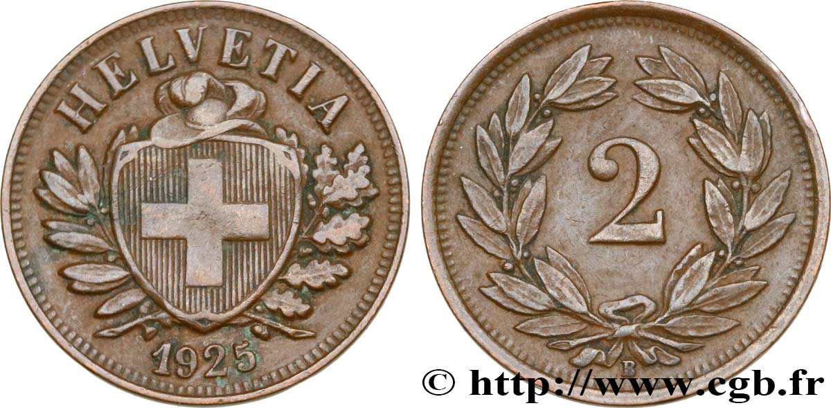 SWITZERLAND 2 Centimes (Rappen) croix suisse 1925 Berne - B XF 
