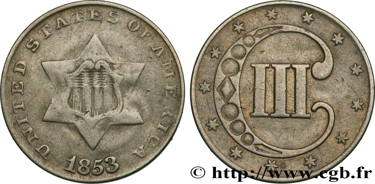 STATI UNITI D AMERICA 3 Cents 1853 Philadelphie q.BB 