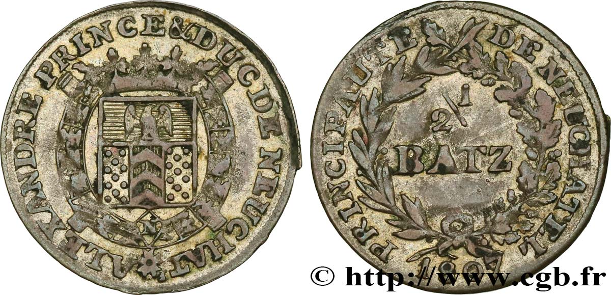 SVIZZERA - PRINCIPATO DE NEUCHÂTEL - ALEXANDRE BERTHIER 1/2 Batz, valeur inversée 1807 Neuchâtel BB 