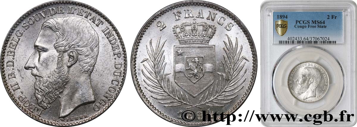 CONGO - ÉTAT INDÉPENDANT DU CONGO - LÉOPOLD II 2 Francs 1891 Bruxelles SC64 PCGS