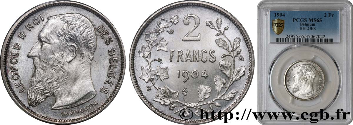 BELGIQUE 2 Francs Léopold II légende française 1904  FDC65 PCGS