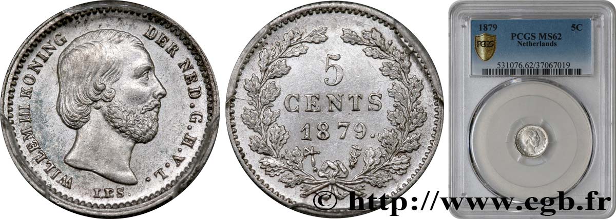 NETHERLANDS 5 Cents Guillaume III 1879 Utrecht MS62 PCGS