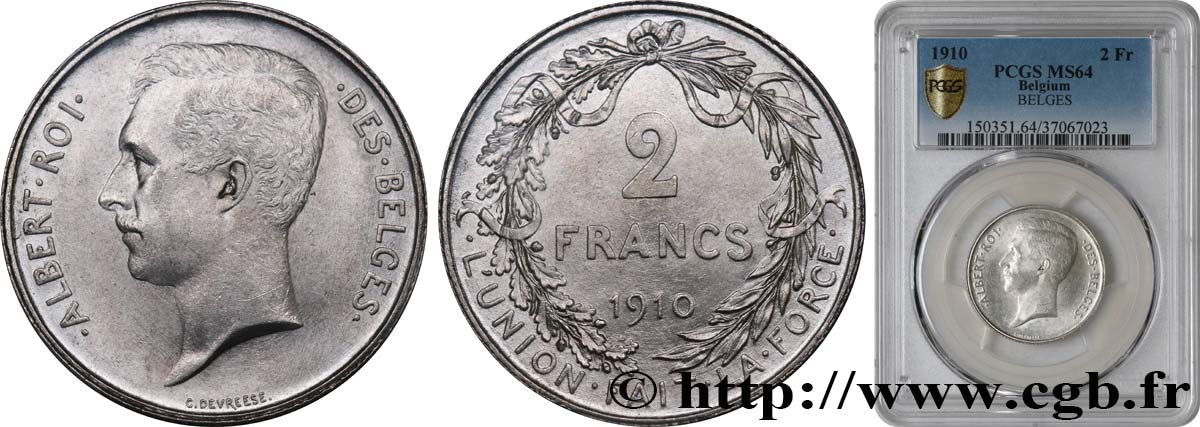 BELGIO 2 Francs Albert Ier légende française 1910  MS64 PCGS