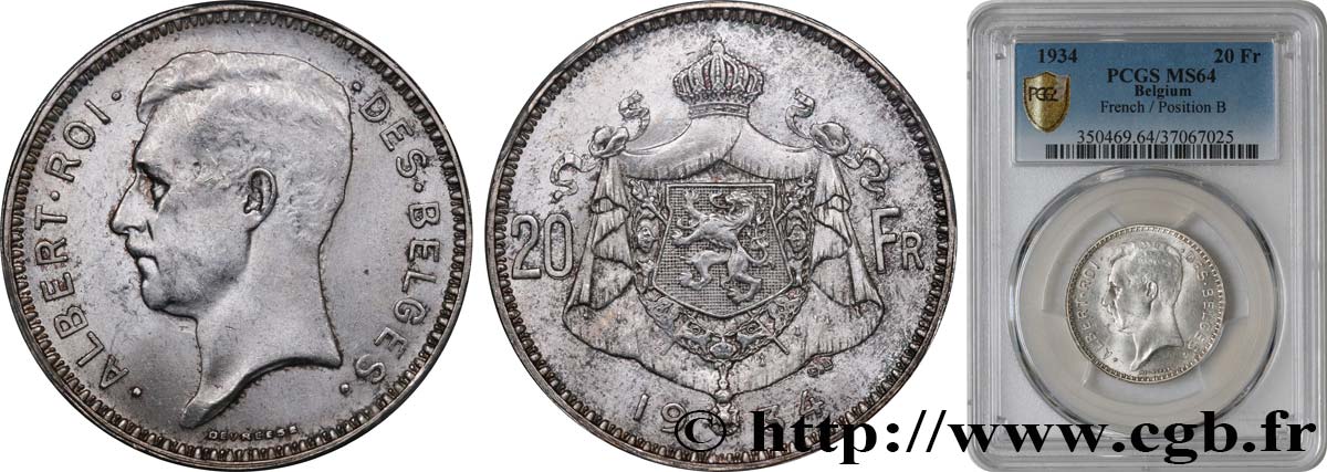 BELGIUM 20 Francs Albert Ier légende Française position B 1934