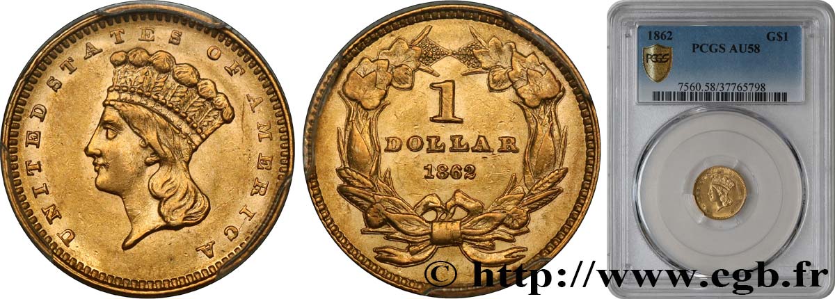 ÉTATS-UNIS D AMÉRIQUE 1 Dollar”Indian Princess”, tête large 1862 Philadelphie SUP58 PCGS