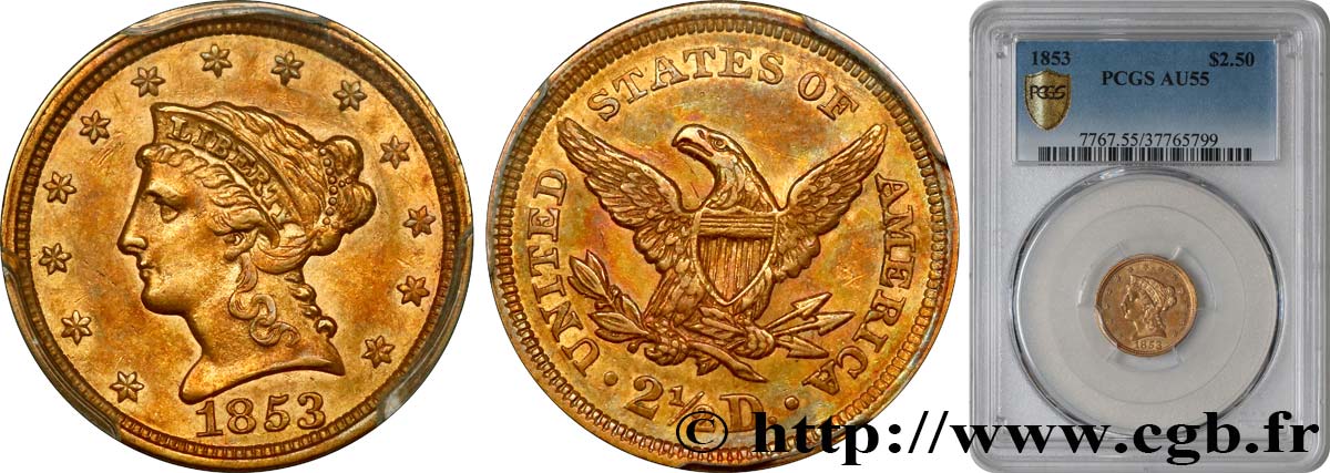 ÉTATS-UNIS D AMÉRIQUE 2 1/2 Dollars type “Liberty Head” 1853 Philadelphie SUP55 PCGS